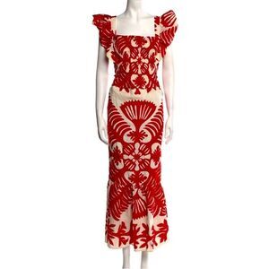 EUC Sea Henrietta Print Smocked Dress Maxi Sleeveless Red Ruby Sz. XXS